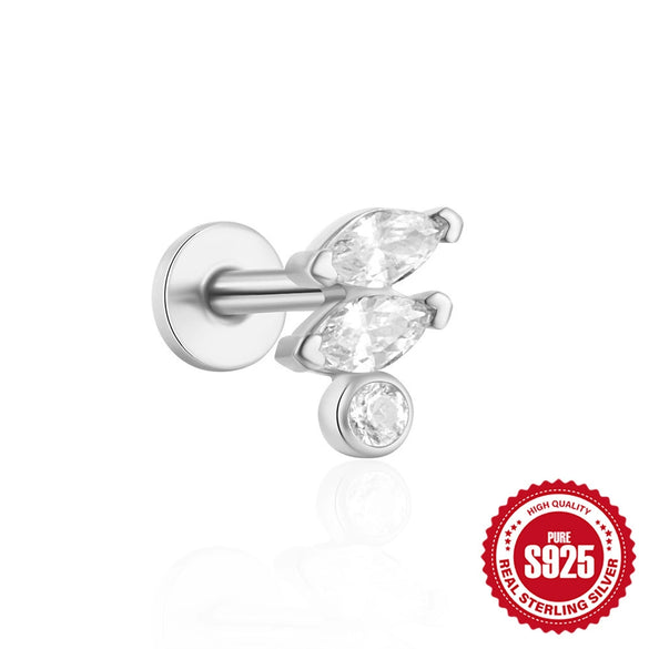 Women's Silver Flat Bottom Internal Thread Piercing Cartilage Ear Stud With Love Butterfly Stacked Design And Flower Pattern Electroplated