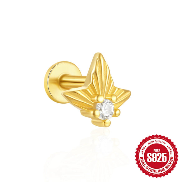 Women's Silver Flat Bottom Internal Thread Piercing Cartilage Ear Stud With Love Butterfly Stacked Design And Flower Pattern Electroplated