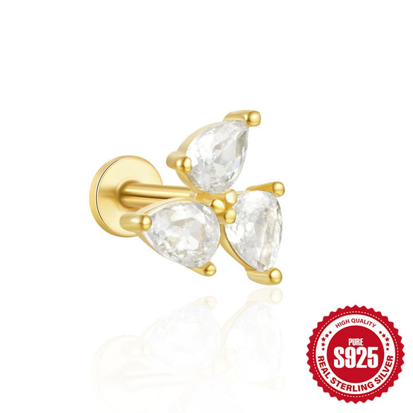 Women's Silver Flat Bottom Internal Thread Piercing Cartilage Ear Stud With Love Butterfly Stacked Design And Flower Pattern Electroplated