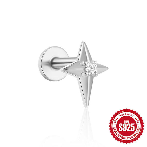 Women's Silver Flat Bottom Internal Thread Piercing Cartilage Ear Stud With Love Butterfly Stacked Design And Flower Pattern Electroplated