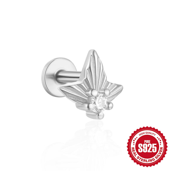 Women's Silver Flat Bottom Internal Thread Piercing Cartilage Ear Stud With Love Butterfly Stacked Design And Flower Pattern Electroplated