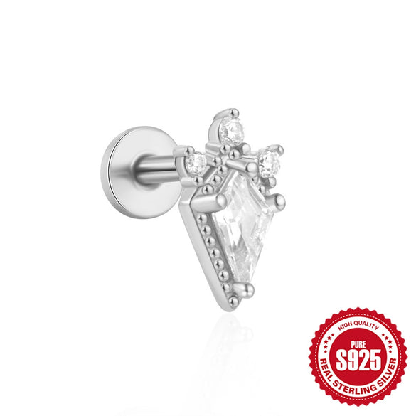 Women's Silver Flat Bottom Internal Thread Piercing Cartilage Ear Stud With Love Butterfly Stacked Design And Flower Pattern Electroplated
