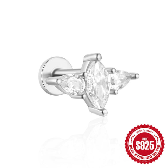 Women's Silver Flat Bottom Internal Thread Piercing Cartilage Ear Stud With Love Butterfly Stacked Design And Flower Pattern Electroplated