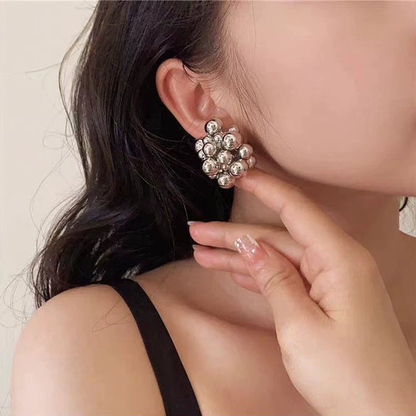 Women’s Silver Geometric Bubble Ball Statement Earrings With Electroplated Finish And Beaded Design