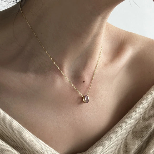 Women's 925 Silver Geometric Cross Chain Clavicle Necklace With Pink Zircon Pendant And Electroplating Design