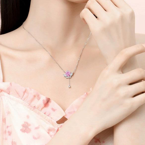 Women's 925 Silver Geometric Heart Love Crown Pendant Necklace With Tassel And Zircon