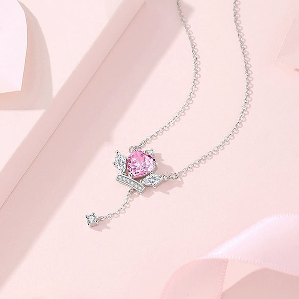 Women's 925 Silver Geometric Heart Love Crown Pendant Necklace With Tassel And Zircon
