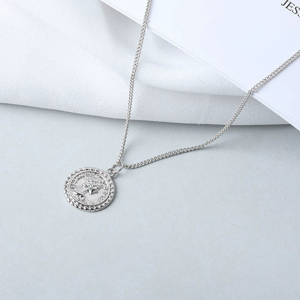 Women's Silver Geometric Portrait Round Coin Necklace Copper Electroplating Accessories