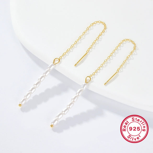 Women's 925 Silver Geometric Ushaped Natural Style Rice Beads Shell Beads Long Tassel Earrings