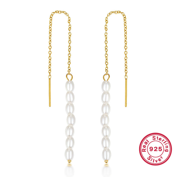 Women's 925 Silver Geometric Ushaped Natural Style Rice Beads Shell Beads Long Tassel Earrings