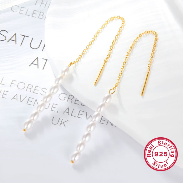 Women's 925 Silver Geometric Ushaped Natural Style Rice Beads Shell Beads Long Tassel Earrings