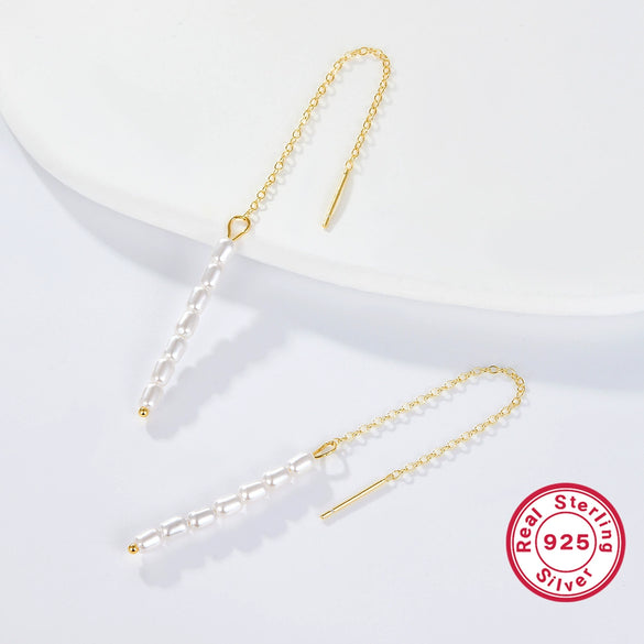 Women's 925 Silver Geometric Ushaped Natural Style Rice Beads Shell Beads Long Tassel Earrings