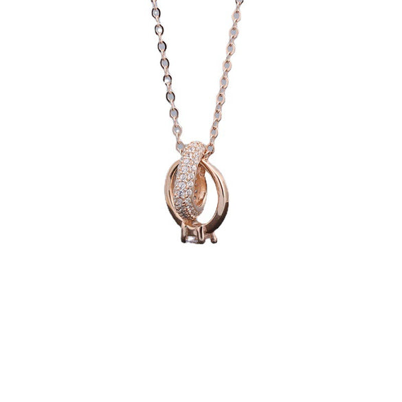 Women's 925 Silver Heart Pendant Necklace With Double Ring Cross Chain Micro Inlay Light Luxury Clavicle Chain