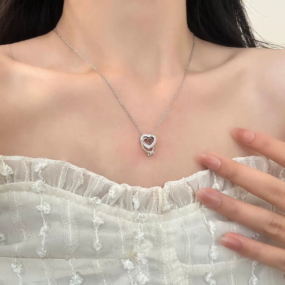 Women's 925 Silver Heart Pendant Necklace With Double Ring Cross Chain Micro Inlay Light Luxury Clavicle Chain