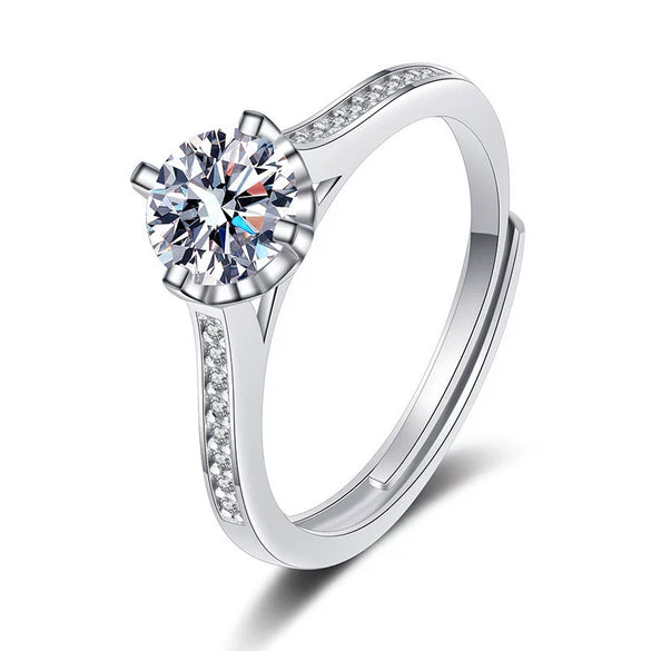 Women's 925 Silver Moissanite Ring With Six Prong Setting Geometric Straight Band Electroplated Fashion Ring