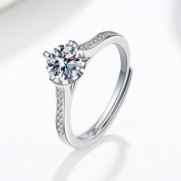 Women's 925 Silver Moissanite Ring With Six Prong Setting Geometric Straight Band Electroplated Fashion Ring