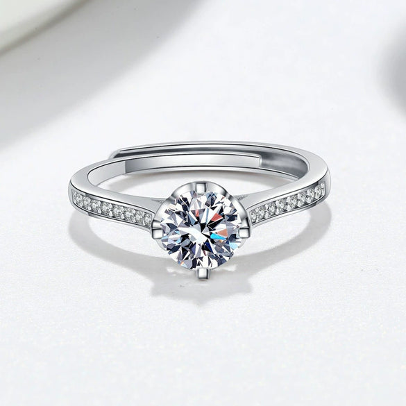 Women's 925 Silver Moissanite Ring With Six Prong Setting Geometric Straight Band Electroplated Fashion Ring