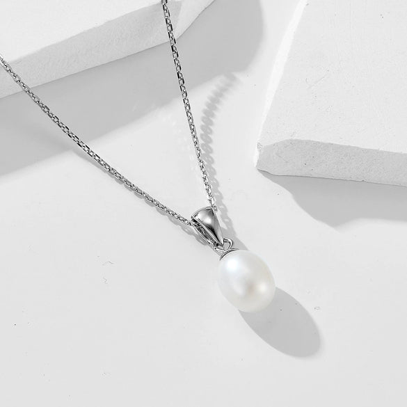 Women's 925 Silver Natural Freshwater Pearl Geometric Style Necklace With Diamond Treatment And Cross Chain