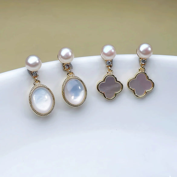 Women's 925 Silver Pearl Fourleaf Clover Earrings