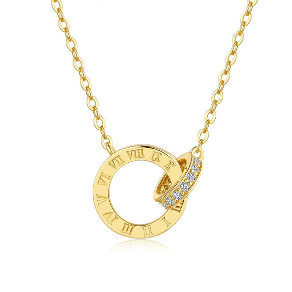 Women's Silver Pendant Necklace With Flower Shape Set With Diamonds And Roman Numeral Pattern Plated With 14K Gold