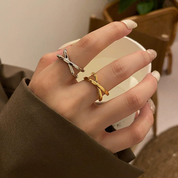 Women's Silver Plated Minimalist Geometric Knot Open Ring Fashion Cross Ring Adjustable Index Finger Ring