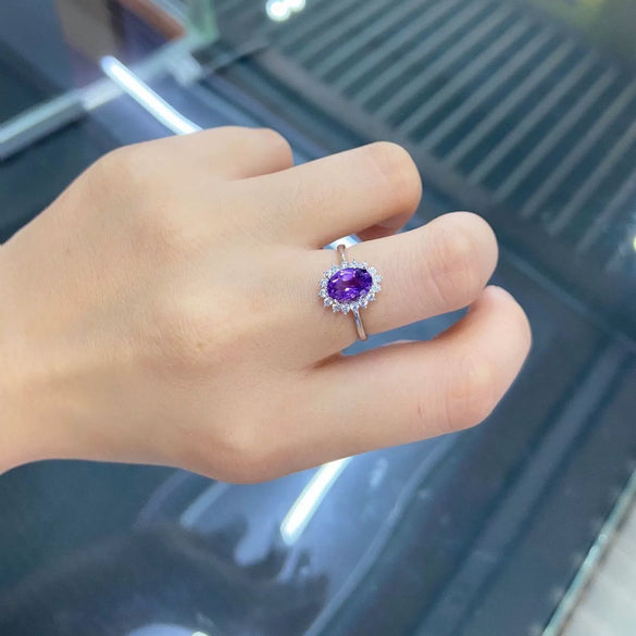 Women's Silver Plated White Copper Flower Open Ring With Synthetic Gemstones And Zircon In Red Blue Yellow And Amethyst Style