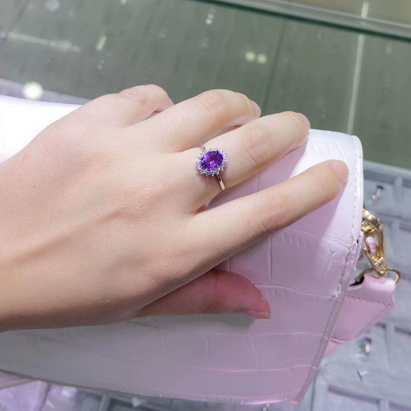 Women's Silver Plated White Copper Flower Open Ring With Synthetic Gemstones And Zircon In Red Blue Yellow And Amethyst Style