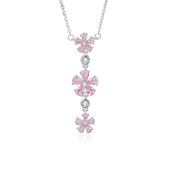 Women's 925 Silver Plum Blossom Pendant Necklace With Powder Diamond Geometric Design