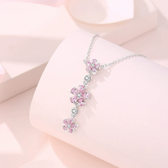 Women's 925 Silver Plum Blossom Pendant Necklace With Powder Diamond Geometric Design