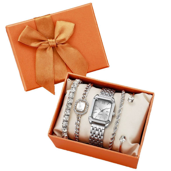 Women's Silver Stainless Steel Watch Set With Square Dial And Doublesided Press Buckle