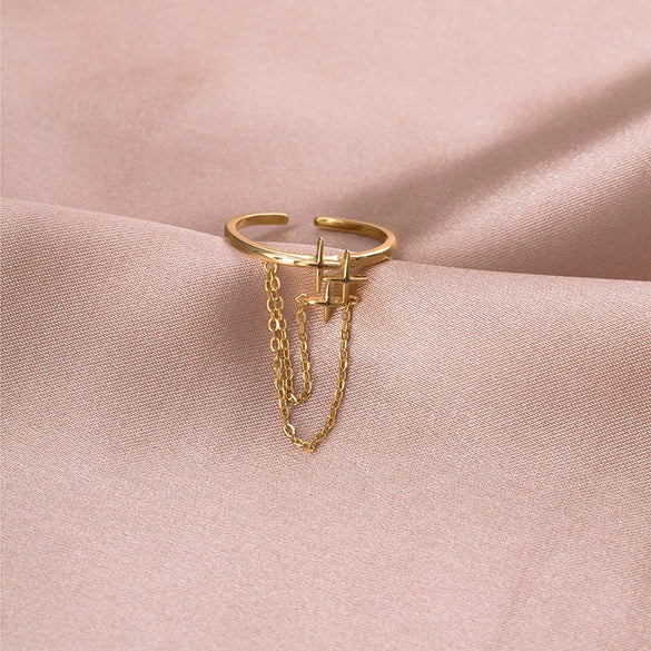 Women's 925 Silver Star Chain Ring With Electroplated Finish Adjustable Open Band Minimalist Jewelry