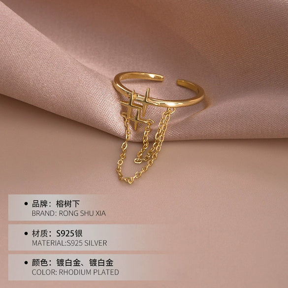 Women's 925 Silver Star Chain Ring With Electroplated Finish Adjustable Open Band Minimalist Jewelry