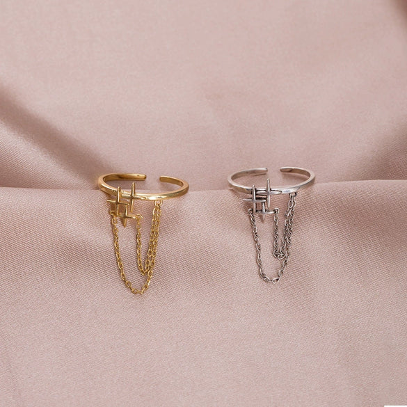 Women's 925 Silver Star Chain Ring With Electroplated Finish Adjustable Open Band Minimalist Jewelry