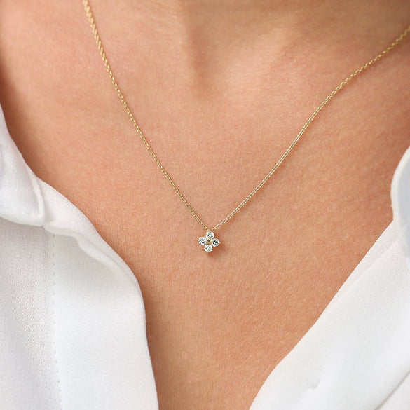Women's Silver 925 Sterling Silver Plated 14K Gold Diamond Fourleaf Clover Flower Pendant Necklace With Cross Chain