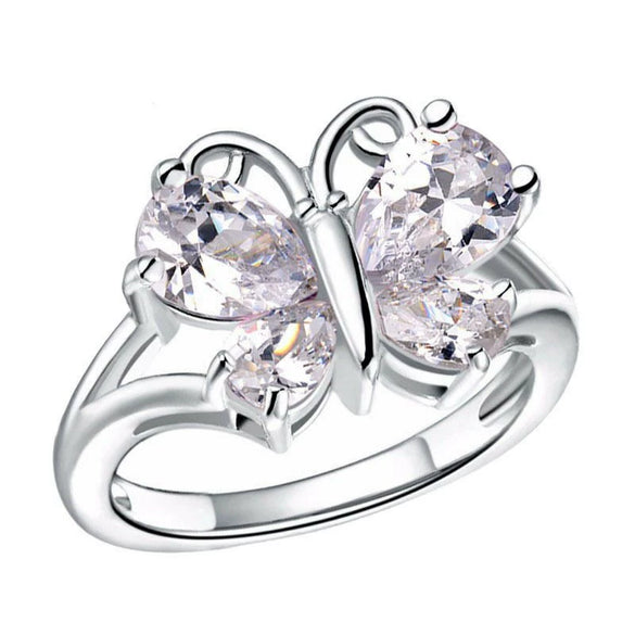 Women's Silver Tone Zircon Inlaid Butterfly And Heart Ring Creative Character Style Jewelry