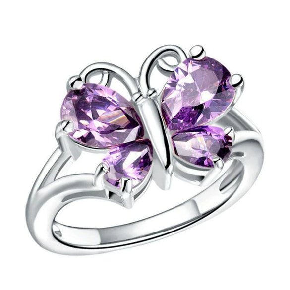 Women's Silver Tone Zircon Inlaid Butterfly And Heart Ring Creative Character Style Jewelry