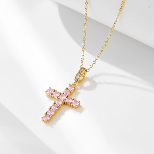 Women's 925 Silver Trendy Allmatch Light Luxury Cross Necklace Set With Pink Zircon And Diamonds