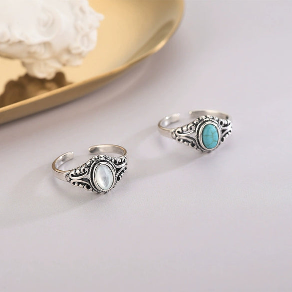 Women's Silver Turquoise And White Shell Geometric Open Ring With Adjustable Fit Punk Style Electroplated Finish