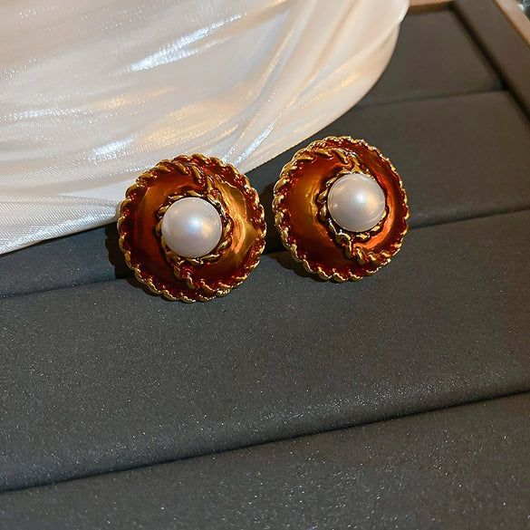 Women's Silver Zircon Round Faux Pearl Highend Light Luxury Vintage Earrings With Geometric Design And Inlaid Zircon