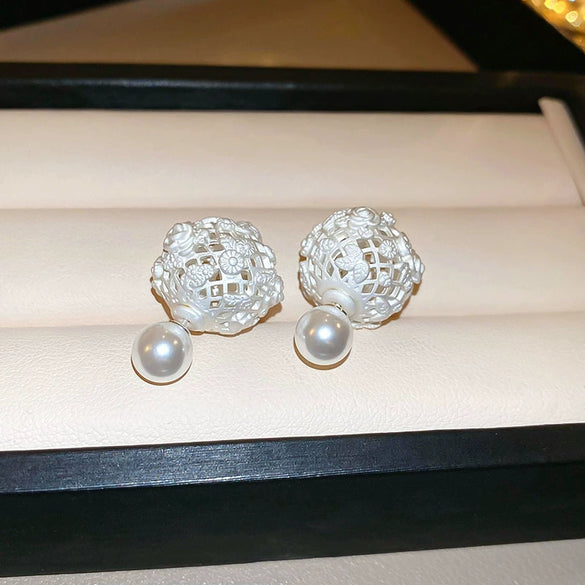 Women's Silver Zircon Round Faux Pearl Highend Light Luxury Vintage Earrings With Geometric Design And Inlaid Zircon