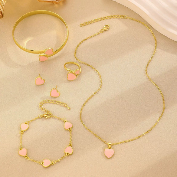 Women's Simple Alloy Jewelry Set With Heart And Oil Dropping Shapes Electroplated Necklace Earrings Ring Bracelet