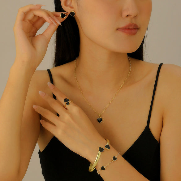Women's Simple Alloy Jewelry Set With Heart And Oil Dropping Shapes Electroplated Necklace Earrings Ring Bracelet