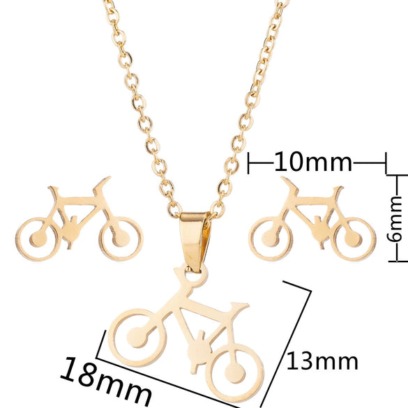 Women's Simple Bicycle Themed Stainless Steel Ochain Necklace And Earrings Jewelry Set With Electroplated Finish