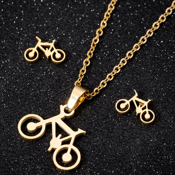 Women's Simple Bicycle Themed Stainless Steel Ochain Necklace And Earrings Jewelry Set With Electroplated Finish