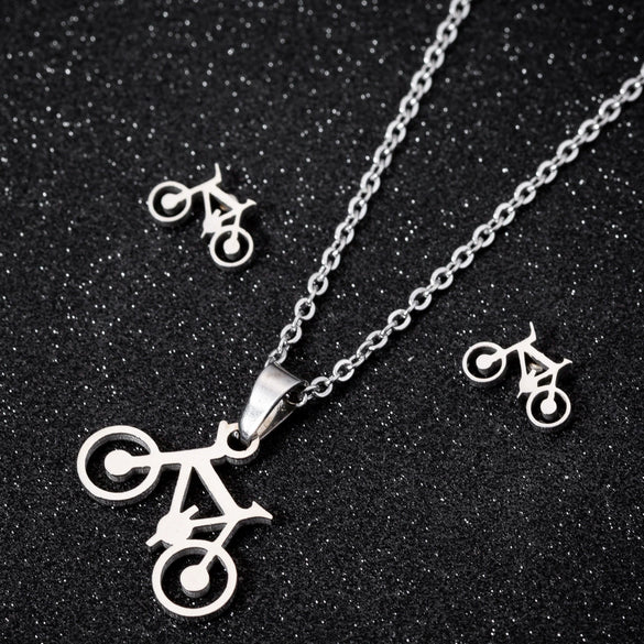 Women's Simple Bicycle Themed Stainless Steel Ochain Necklace And Earrings Jewelry Set With Electroplated Finish