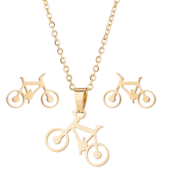 Women's Simple Bicycle Themed Stainless Steel Ochain Necklace And Earrings Jewelry Set With Electroplated Finish