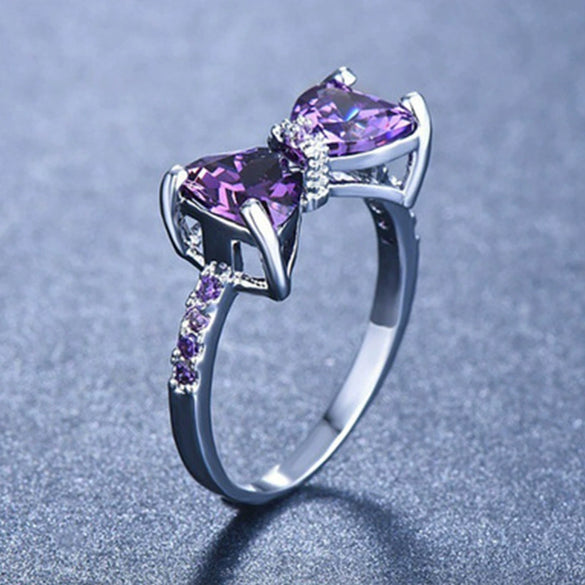 Women's Simple Bow Ring With Purple Zircon Stone Electroplated Metal Engagement Jewelry