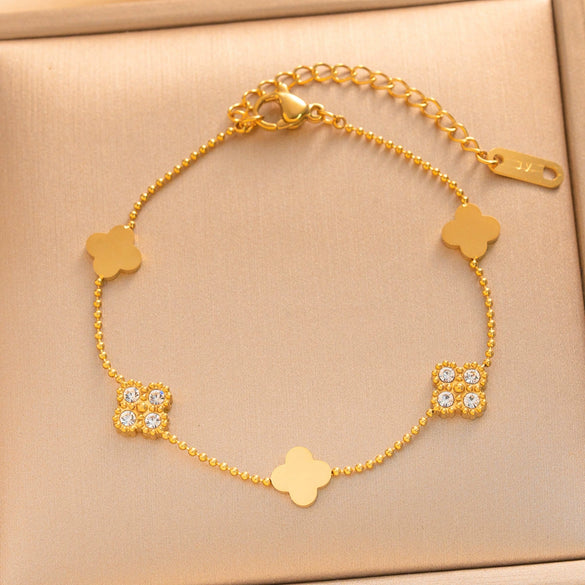 Women's Simple Clover Bracelet Set In Titanium Steel With Real Gold Plated Finish