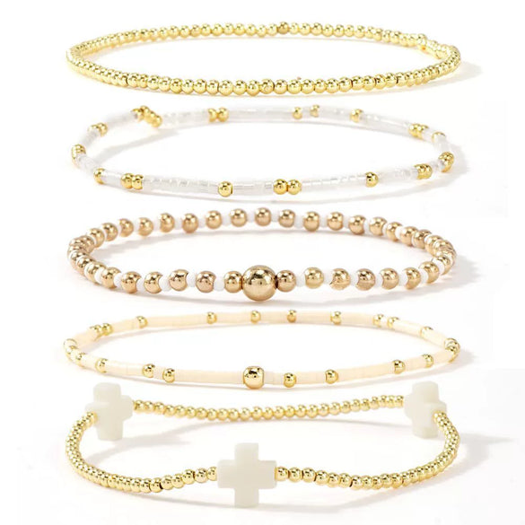 Women's Simple Copper Beaded Cross Bracelet With Geometric Design Electroplated Elastic Stackable Fashion Bracelet