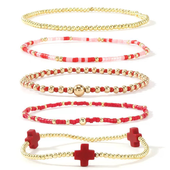 Women's Simple Copper Beaded Cross Bracelet With Geometric Design Electroplated Elastic Stackable Fashion Bracelet